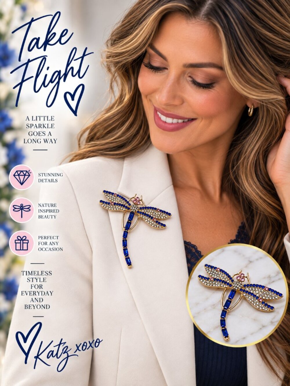 Royal Blue Crystal Dragonfly Brooch Gold Tone Rhinestone Insect Statement Pin
